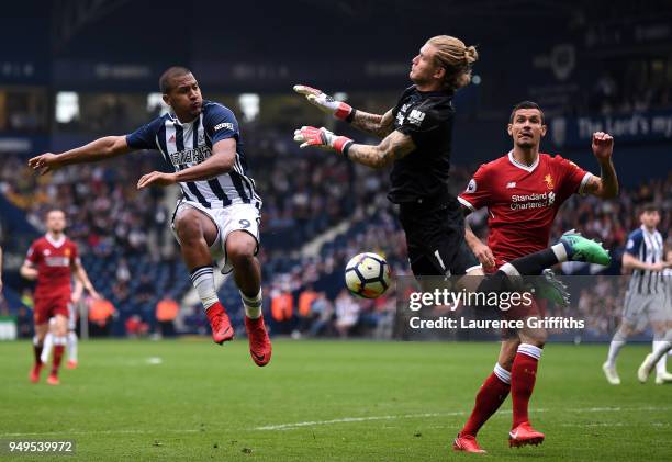 Loris Karius of Liverpool saves a shot from Jose Salomon Rondon of West Bromwich Albion during the Premier League match between West Bromwich Albion...