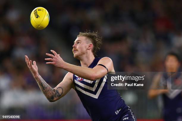 Cam McCarthy of the Dockers marks the ball during the round five AFL match between the Fremantle Dockers and the Western Bulldogs at Optus Stadium on...