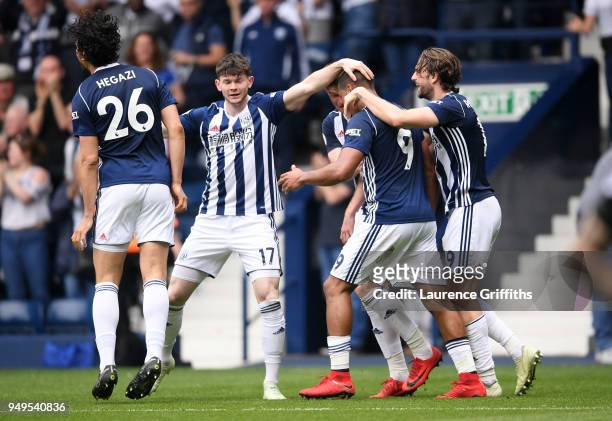 Jose Salomon Rondon of West Bromwich Albion celebrates with teammates after scoring his sides second goal during the Premier League match between...