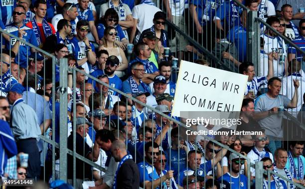 Supporters of 1. FC Magdeburg prior to the 3. Liga match between 1. FC Magdeburg and SC Fortuna Koeln at MDCC-Arena on April 21, 2018 in Magdeburg,...