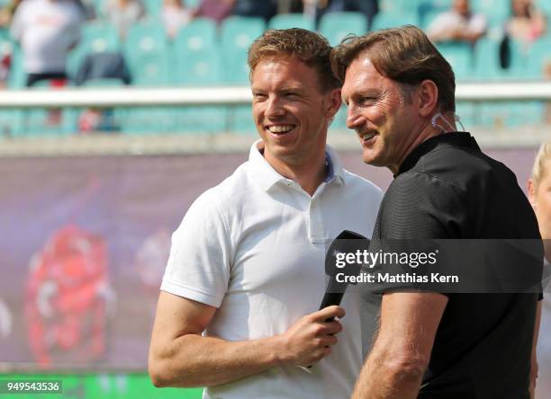 Head coach Ralph Hasenhuettl of Leipzig and head coach Julian Nagelsmann of Hoffenheim look on prior to the Bundesliga match between RB Leipzig and...