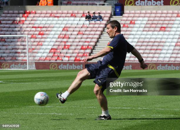 Burton Albion manager Nigel Clough takes part in a game of volleys with his staff before the Sky Bet Championship match between Sunderland and Burton...