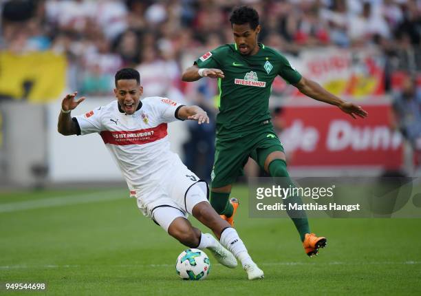 Dennis Aogo of Stuttgart is challenged by Theodor Gebre Selassie of Bremen during the Bundesliga match between VfB Stuttgart and SV Werder Bremen at...