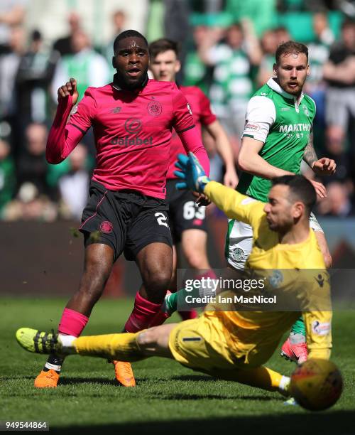 Odsonne Edouard of Celtic scores during the Ladbrokes Scottish Premiership match between Hibernian and Celtic at Easter Road on April 21, 2018 in...