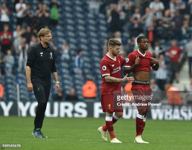 Alberto Moreno and Georginio Wijnaldum of Liverpool at the end of the Premier League match between West Bromwich Albion and Liverpool at The...