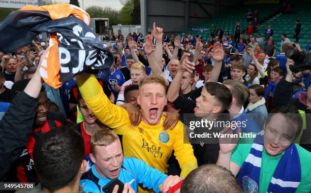 Sam Ramsbottom of Macclesfield Town celebrates with the fans after the Vanarama National League match between Eastleigh and Macclesfield Town at...