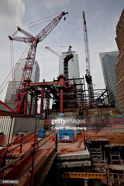 Construction cranes stand as work continues on One World Trade Center, the 1,776 foot skyscraper formerly called the Freedom Tower, at the World...