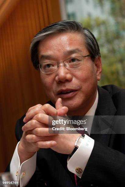 Hwang Young-Key, chairman and chief executive officer of KB Financial Group Inc., who also serves as chairman of Woori Bank, speaks during an...