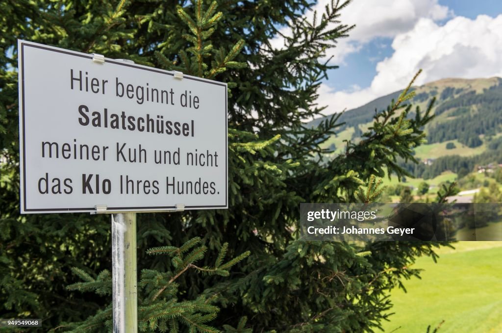 Funny sign beside meadow, no dog toilet, High Tauern National Park, East Tyrol, Austria