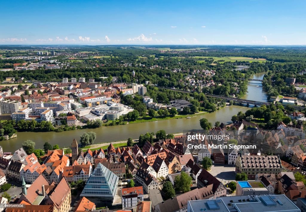 View from Ulm Minster to the Fischerviertel fishers district of Donau and Neu-Ulm, Ulm, Upper Swabia, Swabia, Baden-Wuerttemberg, Germany