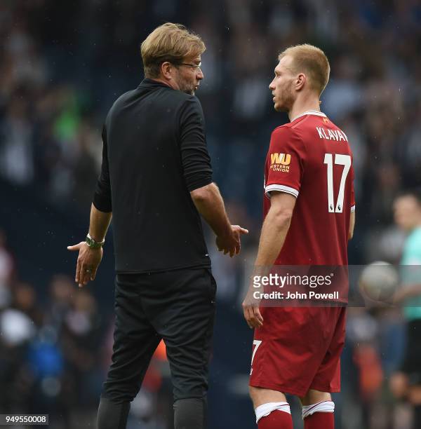 Ragnar Klavan of Liverpool with Jurgen Klopp at the end of the Premier League match between West Bromwich Albion and Liverpool at The Hawthorns on...
