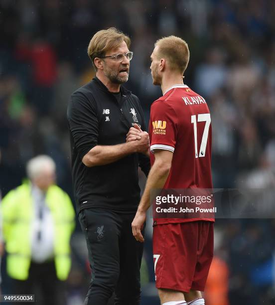 Ragnar Klavan of Liverpool with Jurgen Klopp at the end of the Premier League match between West Bromwich Albion and Liverpool at The Hawthorns on...