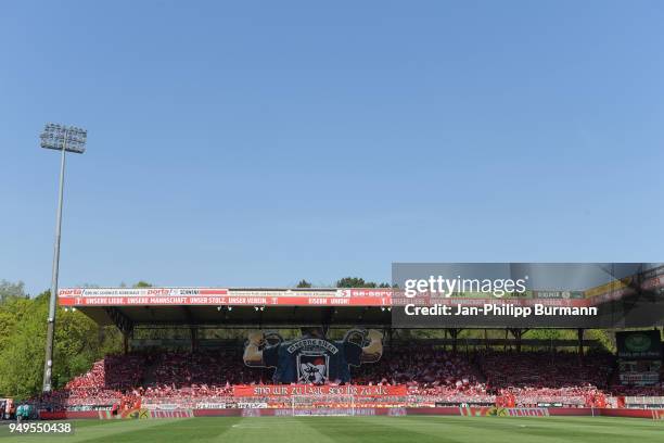 Eiserne Biker fan-choreography before the match between Union Berlin and 1. FC Heidenheim at the Stadion An der Alten Foersterei on April 21, 2018 in...