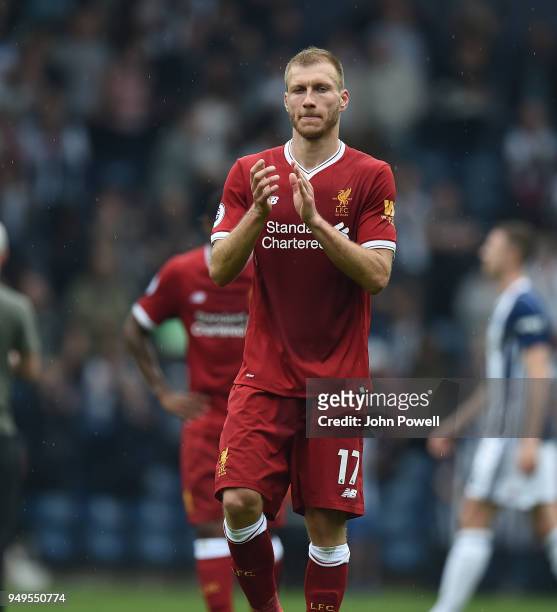 Ragnar Klavan of Liverpool at the end of the Premier League match between West Bromwich Albion and Liverpool at The Hawthorns on April 21, 2018 in...