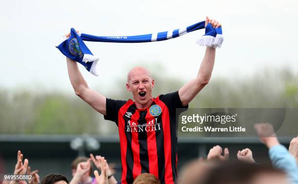Danny Whittaker of Macclesfield Town celebrates after the Vanarama National League match between Eastleigh and Macclesfield Town at Silverlake...