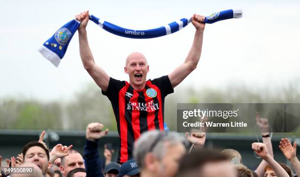 Danny Whittaker of Macclesfield Town celebrates after the Vanarama National League match between Eastleigh and Macclesfield Town at Silverlake...