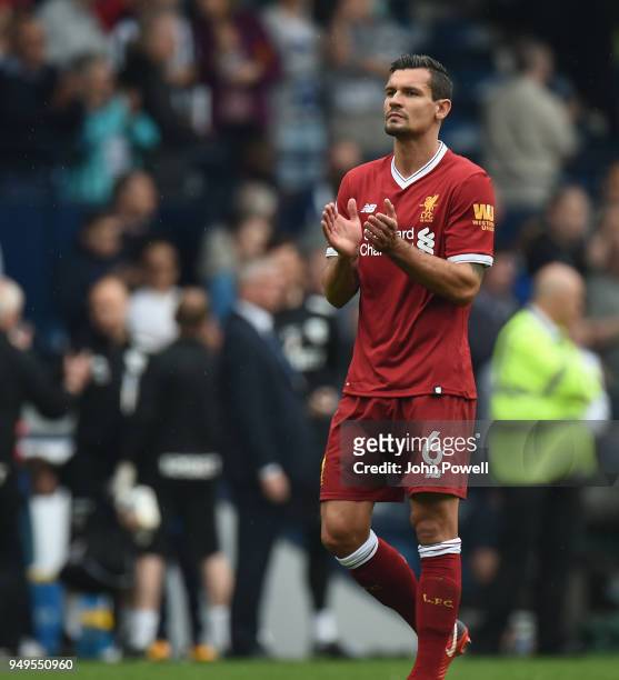Dejan Lovren of Liverpool at the end of the Premier League match between West Bromwich Albion and Liverpool at The Hawthorns on April 21, 2018 in...