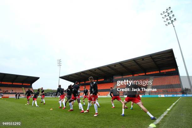 Newport County AFC warms up ahead of the Sky Bet League Two match between Barnet FC and Newport County at The Hive on April 21, 2018 in Barnet,...