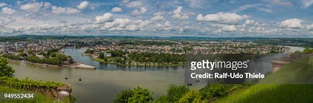 deutsches eck, the confluence of the rhine and moselle, view of ehrenbreitstein fortress, koblenz, rhineland-palatinate, germany - deutsches eck stock pictures, royalty-free photos & images