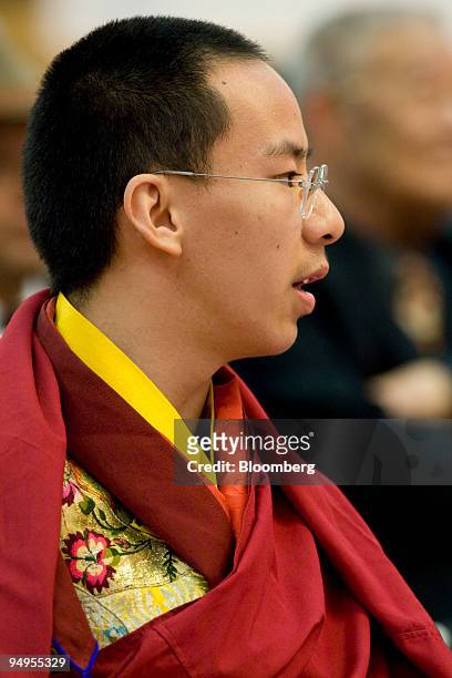 Gyaincain Norbu, the Beijing chosen Panchen Lama, speaks at the opening of a symposium in Beijing, China, on Friday, March 27, 2009. China released a...