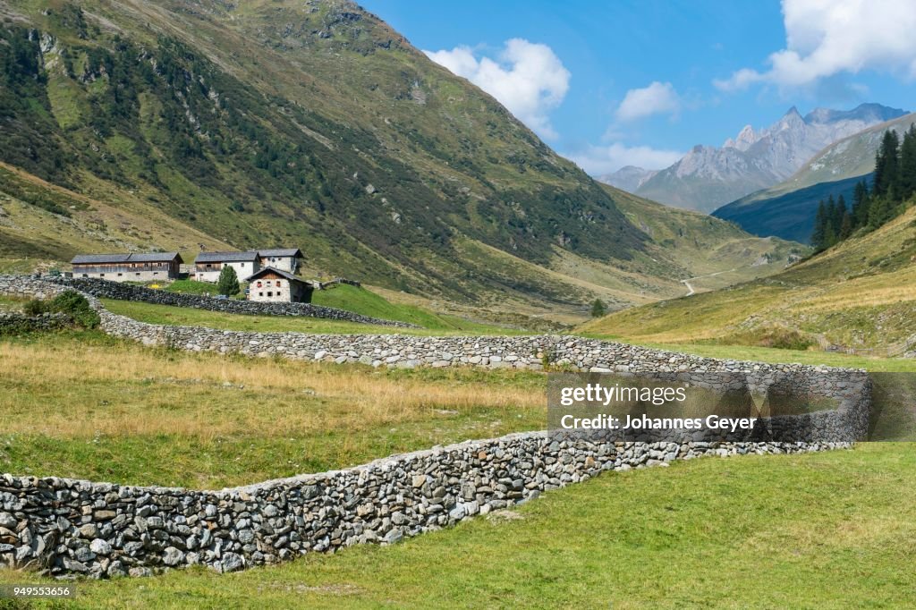 Natural stone wall on pasture in mountain valley, Defereggen Valley, High Tauern National Park, Central Eastern Alps, East Tyrol, Austria