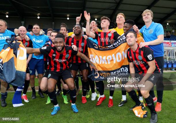 Macclesfield Town players celebrate after gaining promotion during the Vanarama National League match between Eastleigh and Macclesfield Town at...