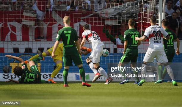 Christian Gentner of Stuttgart scores his team's first goal during the Bundesliga match between VfB Stuttgart and SV Werder Bremen at Mercedes-Benz...