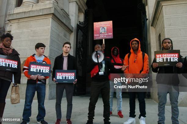 Students and community leaders speak out on gun violence in the city at a rally as part of students led walkouts held across the city and country in...