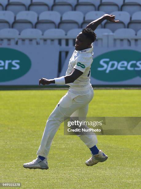 Fidel Edwards of Hampshire ccc celebrates LBW on Surrey's Scott Bothwick during Specsavers County Championship - Division One, day one match between...