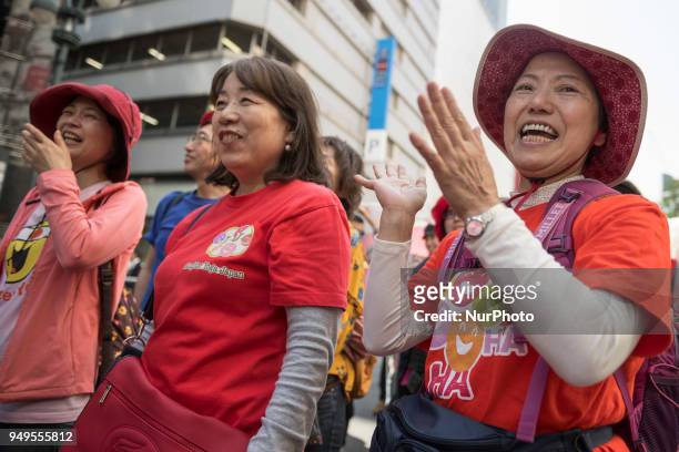 Activists shout slogans during the Annual Earth Day in Shibuya district, Tokyo on 21 April 2018. Environmental activists commemorated Earth Day with...