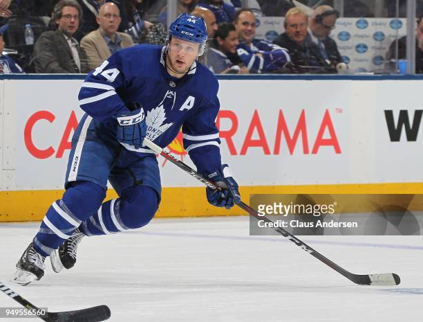 Morgan Rielly of the Toronto Maple Leafs skates against the Boston Bruins in Game Four of the Eastern Conference First Round in the 2018 Stanley Cup...