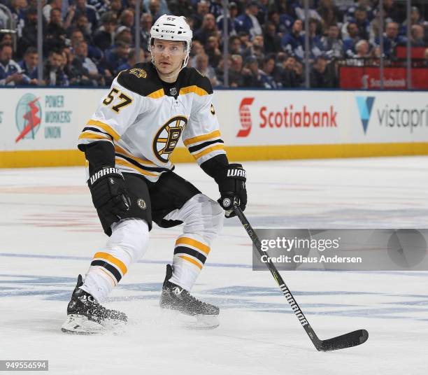 Tommy Wingels of the Boston Bruins skates against the Toronto Maple Leafs in Game Four of the Eastern Conference First Round in the 2018 Stanley Cup...