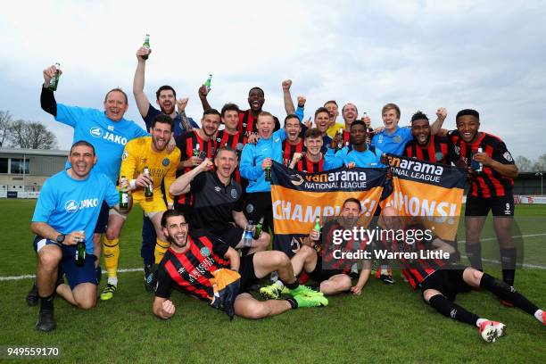 John Askey, Macclesfield Town manager celebrates with his team after gaining promotion after winning the Vanarama National League match between...