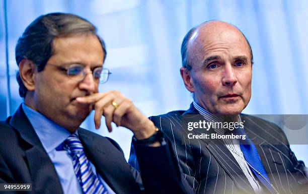 Edward "Ned" Kelly, chief financial officer of Citigroup Inc., right, speaks as Vikram Pandit, chief executive officer, listens during an interview...