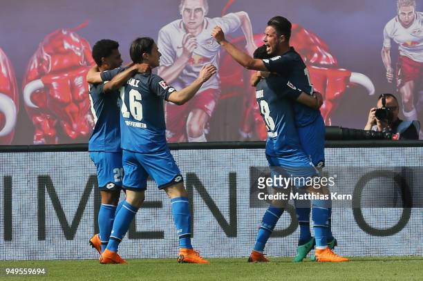 Mark Alexander Uth of Hoffenheim jubilates with team mates after scoring the first goal during the Bundesliga match between RB Leipzig and TSG 1899...