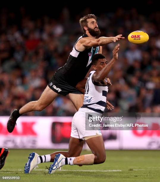 Justin Westhoff of the Power competes with Esava Ratugolea of the Cats during the 2018 AFL round five match between the Port Adelaide Power and the...
