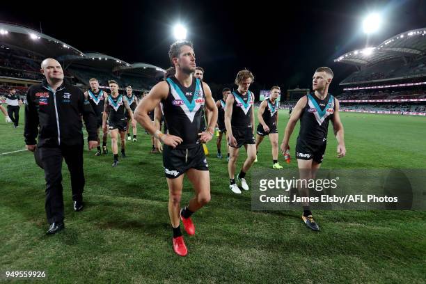 Travis Boak of the Power after their loss during the 2018 AFL round five match between the Port Adelaide Power and the Geelong Cats at Adelaide Oval...