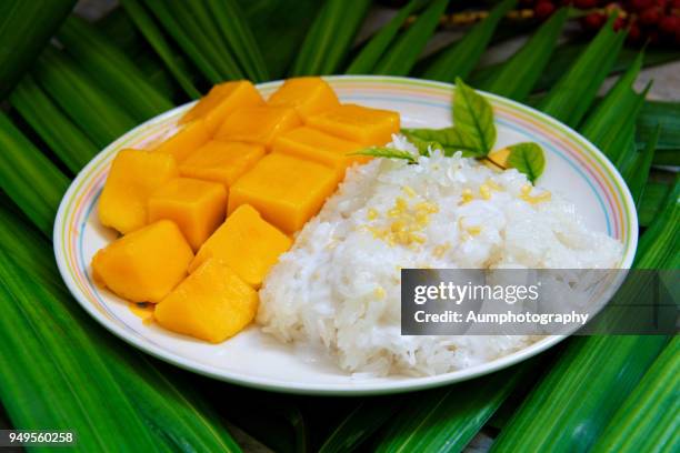 famous thai dessert , mango with sticky rice and coconut milk - short grain rice stock pictures, royalty-free photos & images