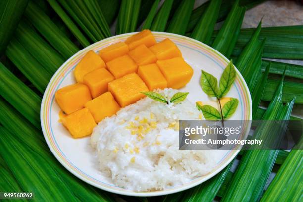 famous thai dessert , mango with sticky rice and coconut milk - short grain rice stock pictures, royalty-free photos & images