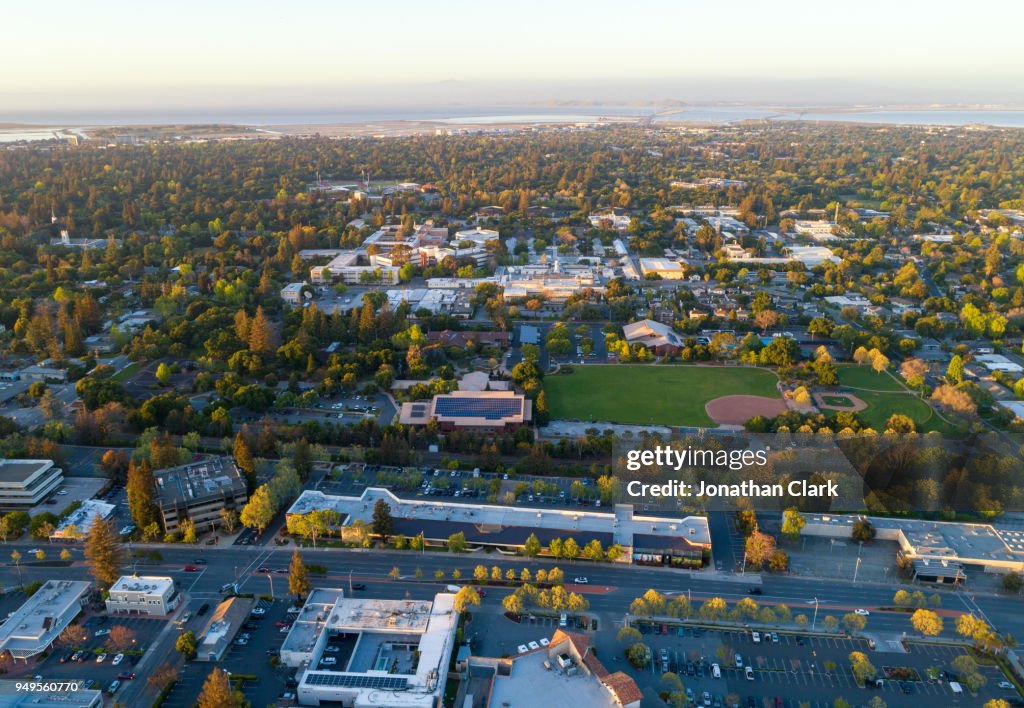 Aerial: Menlo Park in Silicon Valley at sunset