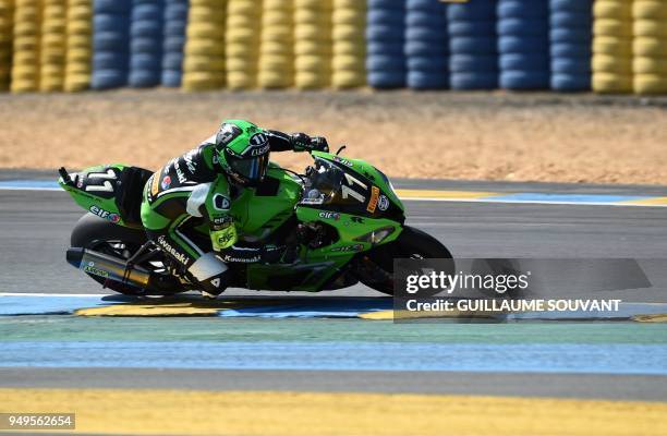 French rider Randy de Puniet on Kawasaki ZX10R Formula EWC N°11 competes during the 41st Le Mans 24-hours endurance race, on April 21 2018, in Le...