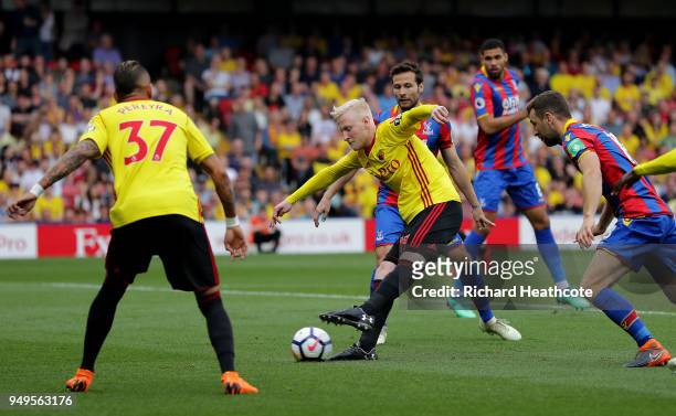 Will Hughes of Watford shoots during the Premier League match between Watford and Crystal Palace at Vicarage Road on April 21, 2018 in Watford,...