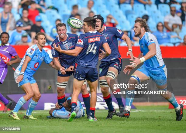 Jack Maddocks of the Rebels fumbles the ball during their Super Rugby 2018 match between the Bulls and the Rebels on April 21, 2018 at the Loftus...