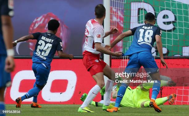 Serge Gnabry of Hoffenheim scores the second goal during the Bundesliga match between RB Leipzig and TSG 1899 Hoffenheim at Red Bull Arena on April...