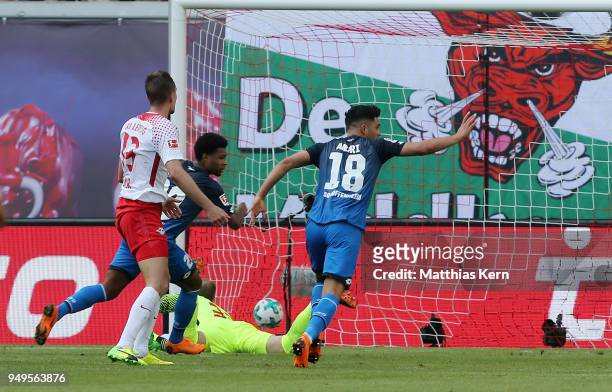 Serge Gnabry of Hoffenheim scores the second goal during the Bundesliga match between RB Leipzig and TSG 1899 Hoffenheim at Red Bull Arena on April...