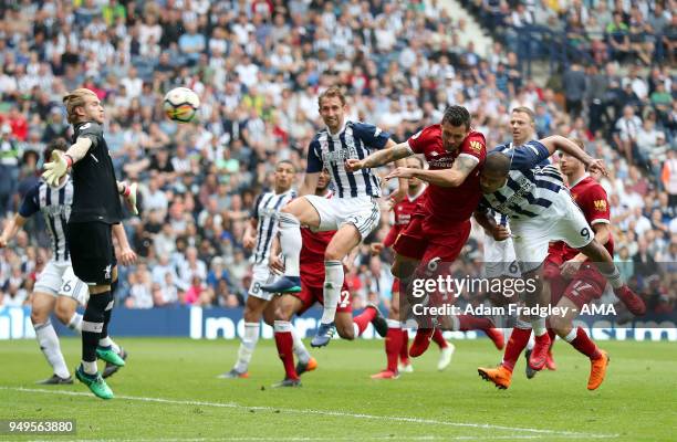 Salomon Rondon of West Bromwich Albion scores a goal to make it 2-2 during the Premier League match between West Bromwich Albion and Liverpool at The...