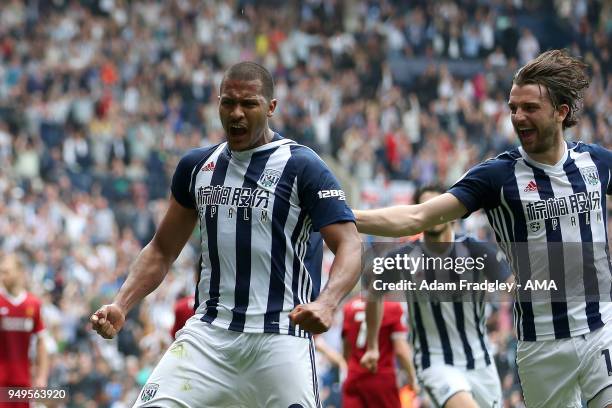 Salomon Rondon of West Bromwich Albion celebrates after scoring a goal to make it 2-2 during the Premier League match between West Bromwich Albion...