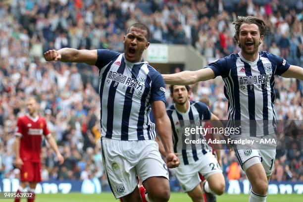 Salomon Rondon of West Bromwich Albion celebrates after scoring a goal to make it 2-2 during the Premier League match between West Bromwich Albion...