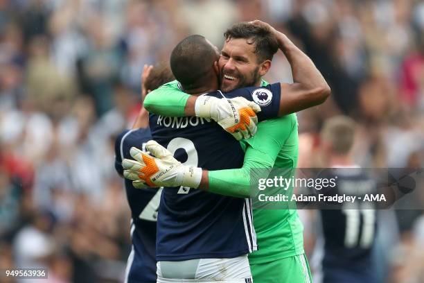 Ben Foster of West Bromwich Albion hugs Salomon Rondon of West Bromwich Albion after the match during the Premier League match between West Bromwich...