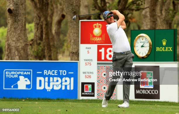 Mikko Ilonen of Finland on the 18th tee during the third round of the Trophee Hassan II at Royal Golf Dar Es Salam on April 21, 2018 in Rabat,...